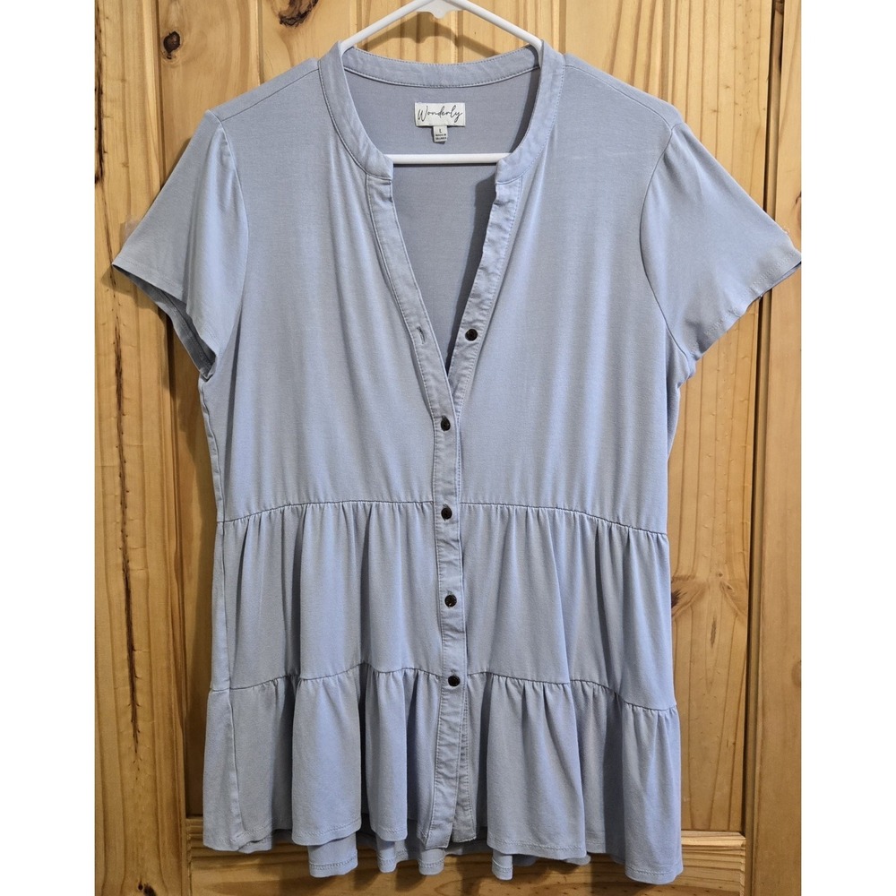 Wonderly Women's Blouse Size Large‎ Grey Short Sleeve Babydoll Boho
